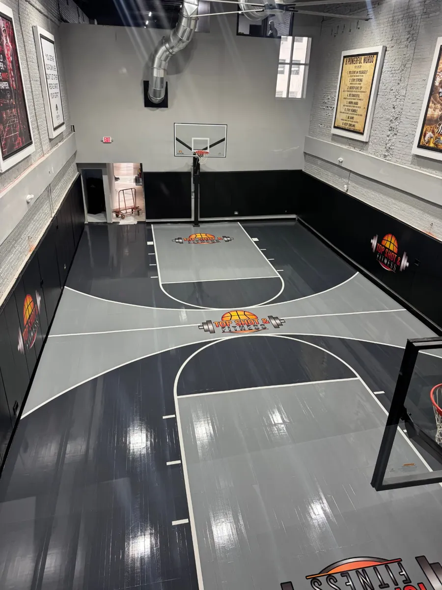 Full court from above with Top Shot & Fitness logos